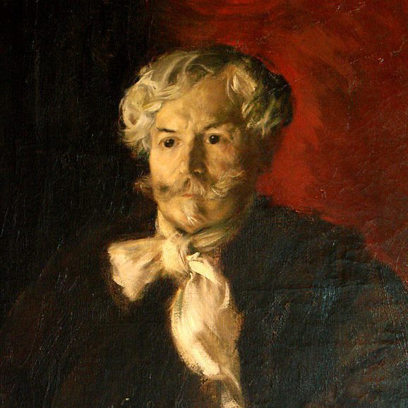 A painted portrait of Edmond de Goncourt, an older man with wavy white hair and a thick mustache. His dark coat and large scarf evoke écriture artiste, while the rich background reflects a vérité absolue in dramatic elegance.