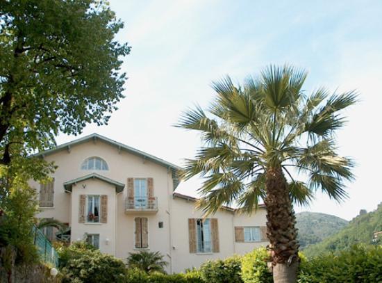 A beige two-story house with green trim and wooden shutters is surrounded by lush greenery in Vence. A tall palm tree stands in the foreground beneath the clear blue sky, while distant hills frame the charming La Roseraie residence.