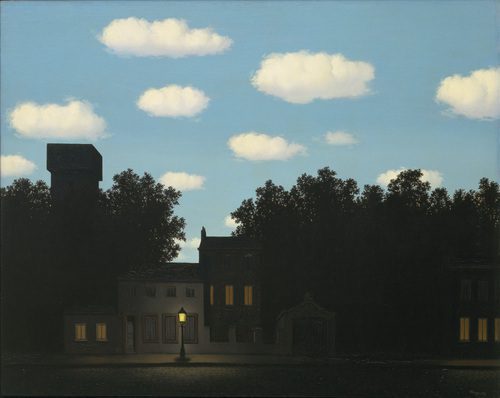 A quiet street scene at dusk evokes poésie du silence: dark silhouettes of trees and buildings frame glowing windows and a lone streetlamp, while above, a blue sky with fluffy white clouds channels the surreal calm of Rene Magritte’s art.