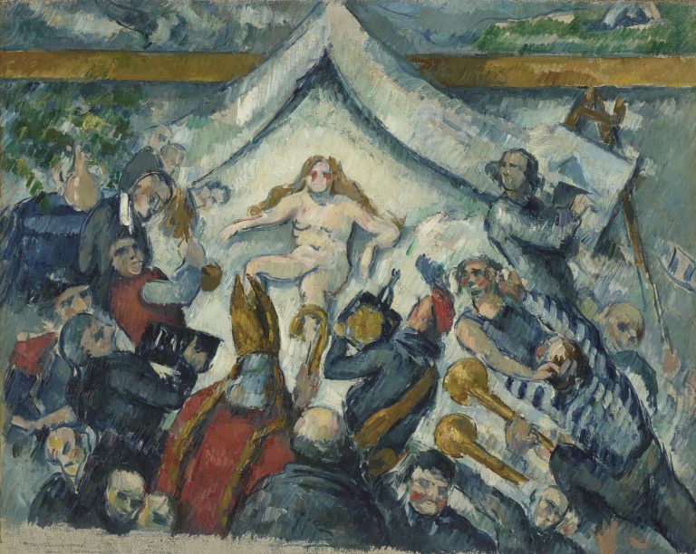 An impressionist-style painting from France shows a nude woman reclining on white sheets, centered under a tent. Around her, men in dark clothing gesture and look toward her, creating a dramatic, tense scene against an abstract background.