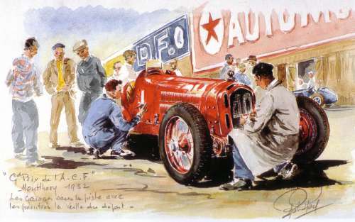 Watercolor art of a 1930s red automobile at a pit stop. Several men in period clothing work on the car. A large AUTOM sign and blue D.F.S. flag are visible, with handwritten notes and a signature at the bottom.