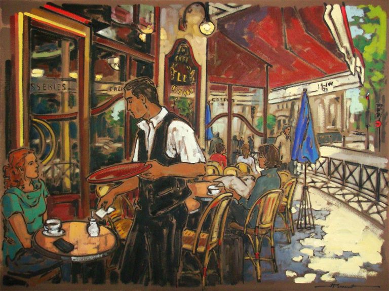 A waiter in a black vest serves a woman at a small round table outside a lively Montparnasse café. Other patrons sit at yellow chairs under a red awning, with the sunlit street, an open blue umbrella, and greenery in the background.