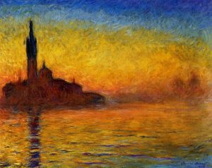 Impressionist painting of a cityscape at sunset, featuring a silhouetted church with a tall spire on the left, reflected in shimmering golden water, with vivid orange, yellow, and blue hues blending in the sky.