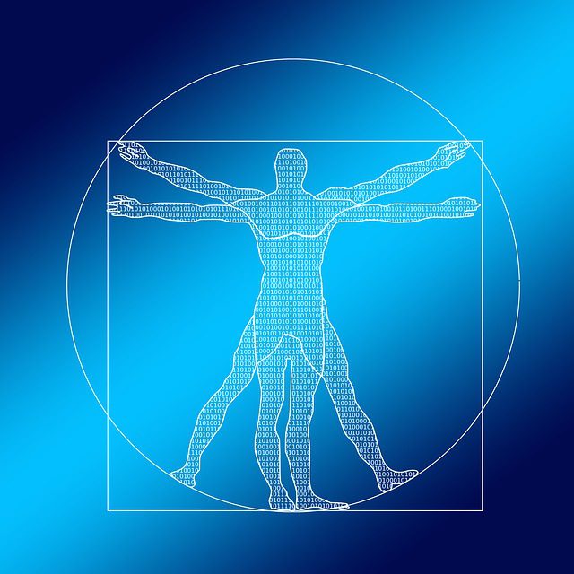 A digital rendition of Da Vinci’s Vitruvian Man features a white, wireframe human figure with outstretched arms and legs, overlaid with binary code—an homage to the Da Vinci Code—centered on a blue gradient background inside a white circle and square.