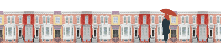 A person holding a red umbrella walks past colorful, Victorian-style terraced houses with bay windows and ornate details on a pale, overcast day. The US scene feels ready to celebrate Bastille Day, all in a watercolor, hand-painted style.