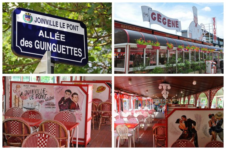 Un collage de quatre images : une plaque de rue indiquant Joinville-le-Pont Allée des Guinguettes parmi des feuilles vertes, l'extérieur coloré du restaurant Chez Gégène, et deux vues de son intérieur festif avec des chaises rouges et blanches et des peintures murales dansantes.