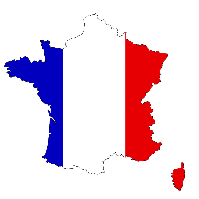 An outline map of France is filled with vertical blue, white, and red stripes, resembling the French flag. To the bottom right, the island of Corsica is also shown with the same flag pattern. The background is plain white.