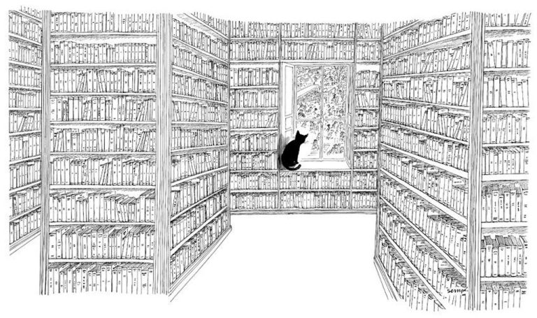 A black cat sits on the windowsill of a cozy, sunlit library filled with tall bookshelves, as leafy trees peek through the window. The detailed black and white line art evokes the charming dessin style of Jean-Jacques Sempé.