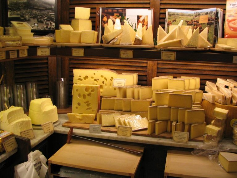 A display of various cheeses in a shop, featuring wheels, blocks, and wedges of yellow and white cheese arranged on shelves and a counter with name tags. Cheese photos and gastronomy-themed decor add charm to the wall behind the cheese.
