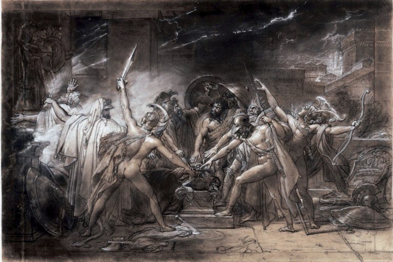 An intense, dramatic scene reminiscent of Girodet, the peintre français, with eleven muscular, mostly nude men—some in helmets—raising swords in a dark, ancient city as lightning strikes above marble ruins, echoing masterpieces at the Metropolitan Museum of Art.