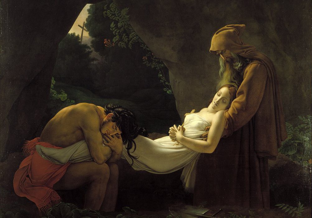 Un homme en deuil est accroupi et pleure à côté d'une femme inanimée en robe blanche, soutenue par un vieux moine encapuchonné - une scène qui fait écho au romantisme de Girodet. Dans l'ombre de la grotte, la lumière révèle une croix lointaine sur une colline au milieu du feuillage. 
