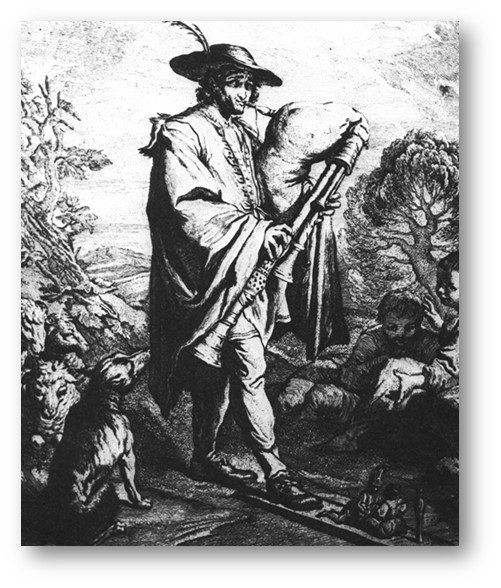 A man in old-fashioned clothes and a feathered hat plays the musette, a type of bagpipe, while walking outdoors. A dog sits nearby, watching him. Trees and people are visible in the background of this black and white etching.
