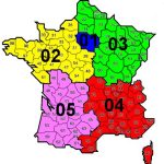 A colour-coded map of France divided into five regions, each labelled with a large black number (01 to 05). Regions are green (01), yellow (02), light green (03), red (04), and pink (05). Smaller numbered areas indicate subdivisions. Corsica is shown in red.
