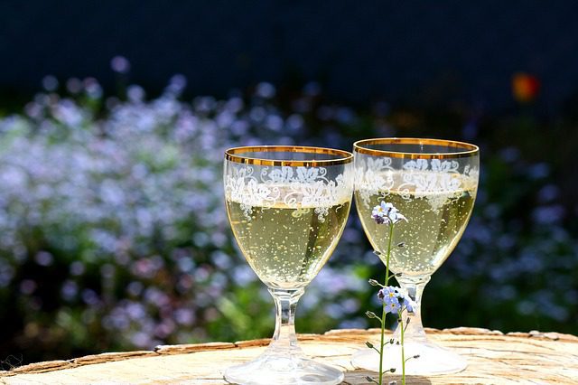 Deux élégants verres à vin aux bords dorés et aux motifs blancs complexes sont remplis de vin mousseux. Ils reposent sur une surface en bois à l'extérieur, entourés de petites fleurs bleues et de feuillages violets et verts flous - le vrai goût des étoiles. 