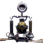 A vintage rotary telephone with metal and black components, a round mouthpiece on top, two side earpieces, brass gears in the centre, and a coiled fabric cord, all set against a plain white background.