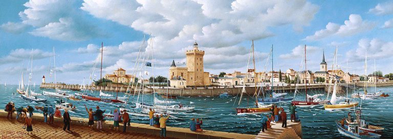 A lively seaside town with sailboats—some recalling the spirit of the Vendée Globe—on choppy blue water, people on a stone quay, and historic buildings including a central tower and church under a partly cloudy sky. Flags decorate boats and waterfront.