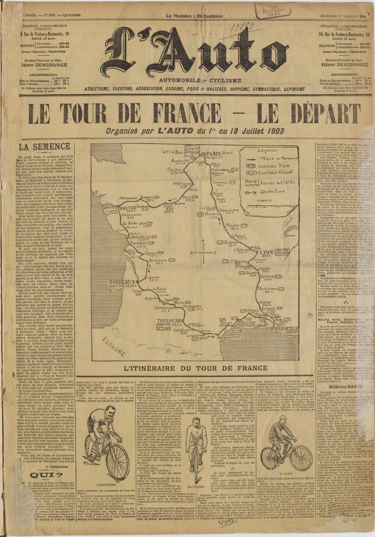 A vintage French newspaper front page titled LAuto from 1903, featuring articles, illustrations of cyclists, and a central map showing the route of Le Tour de France at its inception. French text and headlines dominate the yellowed, aged paper.
