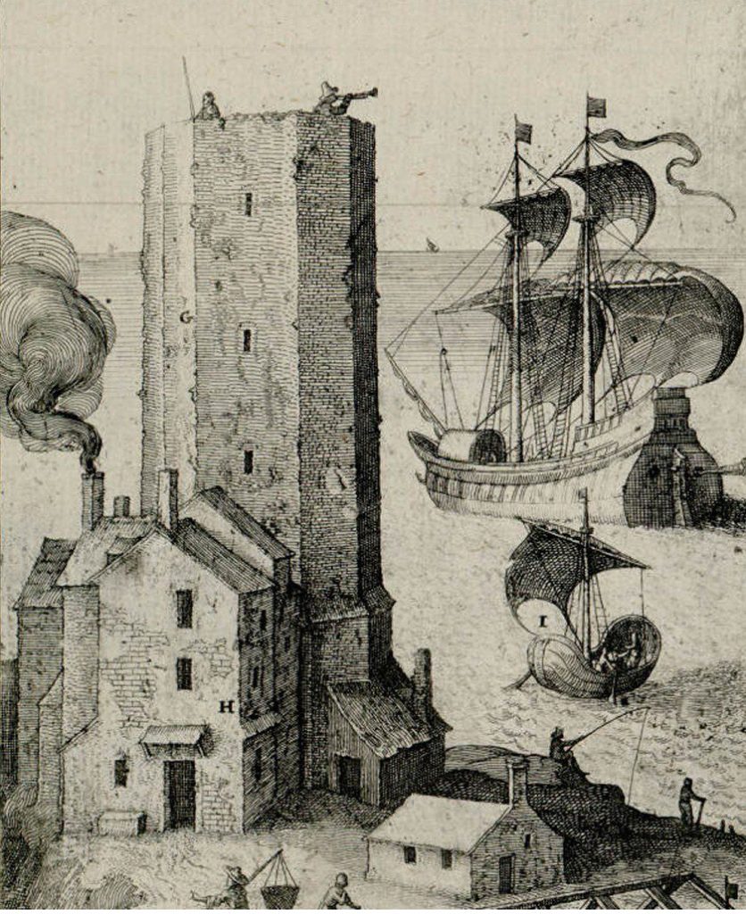 A detailed black-and-white etching shows a tall stone tower with smoke rising from a nearby chimney. Large sailing ships with multiple masts and flags are berthed by the shore, whilst several stone buildings cluster at the tower’s base.
