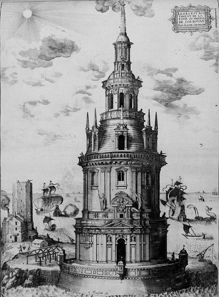 Detailed black and white illustration of the Lighthouse of Alexandria, a tall, ornate tower with multiple tiers and spires. Sailing ships are seen in the surrounding sea, with clouds and a radiant sun above. Buildings and ruins appear near the coastal base.